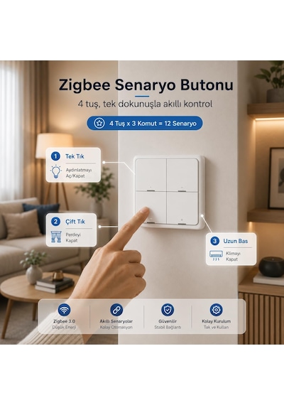 Zigbee Dörtlü Düğmesi Tuya, Smart Life,zigbee2mqttuyumlu - Pil Hariç Standart