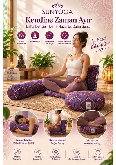 3'lü Yoga Ve Meditasyon Seti Zafu Bolster Minder Mandala Mor