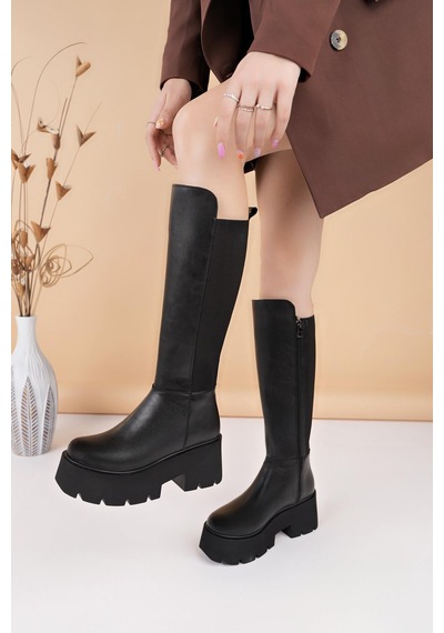 Nesilshoes Nesil Shoes Carel 607 Siyah Strech Platform Kadın Çizme