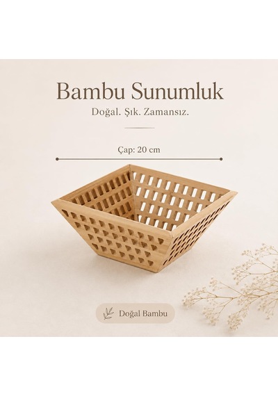 Bambu Sunumluk Sepet 20 Cm, Doğal Ahşap Meyve Sepeti, Ekmeklik Kahvaltılık Çerezlik Ve Servis Sepeti Kahverengi