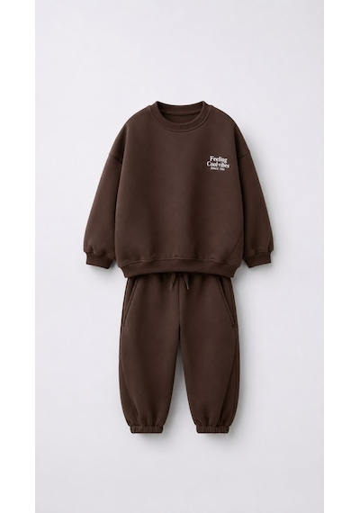 Monila Unisex Çocuk Basic Yazı Detaylı 3 İplik Kumaş Eşofman Takım Kahverengi