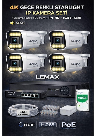 4 Kameralı 4k 1440p Full Hd Sesli Poe Ip Kamera Sistemi Gece Renkli Ultra Hd Güvenlik Seti