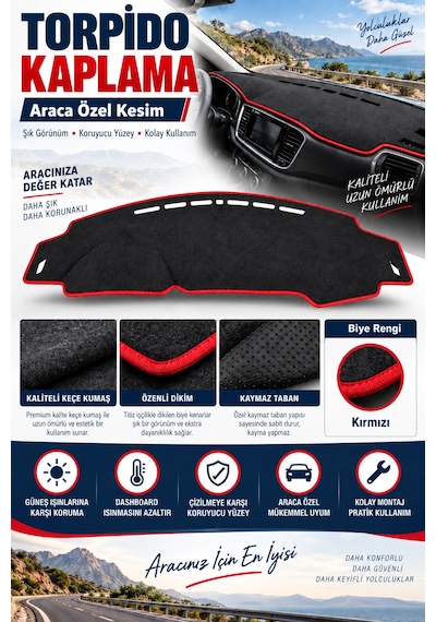 Trobus Toyota Yaris 2005-2013 3d Torpido Koruma Kılıfı - Kırmızı Biye