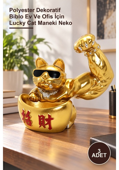 3 Adet Şanslı Kedi Figürü Polyester Dekoratif Biblo Ev Ve Ofis İçin Lucky Cat Maneki Neko