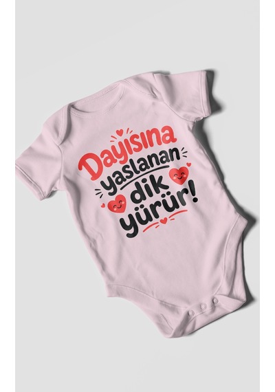 Morivokids Dayısına Yaslanan Dik Yürür Kısa Kollu Bebek Body %100 Pamuk Zbn254-kk Bebe Pembe