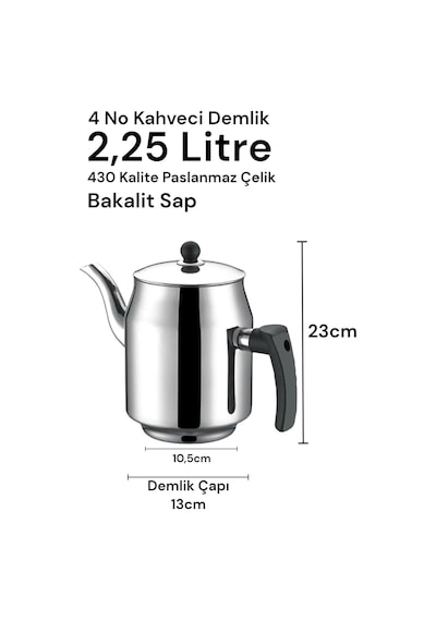 430 Paslanmaz Çelik Kahveci Demlik 2250ml 4 No Gri