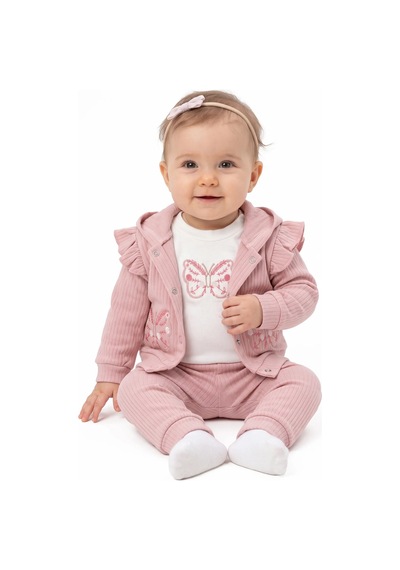 Bebegen Kız Bebek Ekru Pembe Kelebek Nakışlı Fırfırlı Hırkalı 3'lü Takım