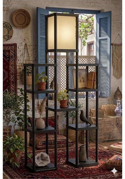 Tr Twıns Raflı Lambader Siyah, Dekoratif Ayaklı Lambader, 3 Kat Raflı Yer Lambası, E27 Duylu Modern Salon Lambası, Diğer