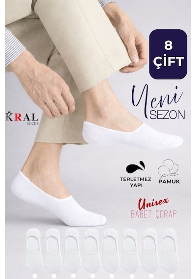 Kral Socks Kadın - Erkek Düz Desen 8'li Paket - 8 Çift Pamuklu Terletmez Babet Çorap Beyaz