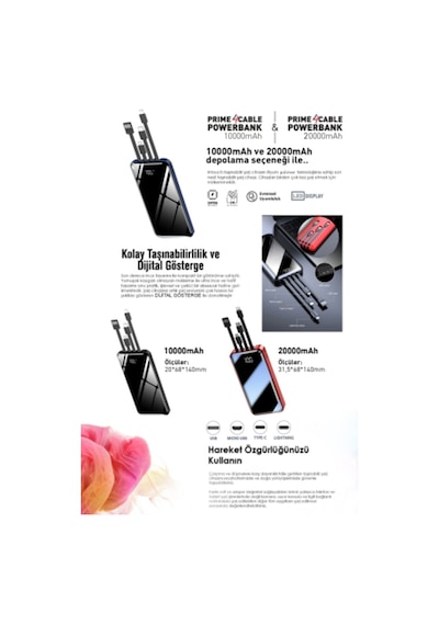 10.000 Mah Dijital Göstergeli Çoklu Kablolu Powerbank