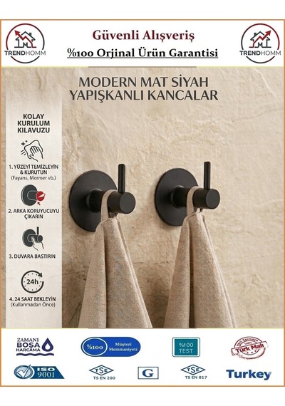 Trendhomm İkili Mutfak Banyo Havlu Askılığı - Yapışkanlı - Mat Siyah - 2 Adet