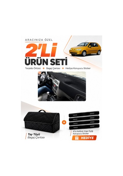Fıat Palio 1999-2005 Uyumlu Torpido Örtüsü + Tay Tüyü Bagaj Çantası + Sticker Seti - Siyah