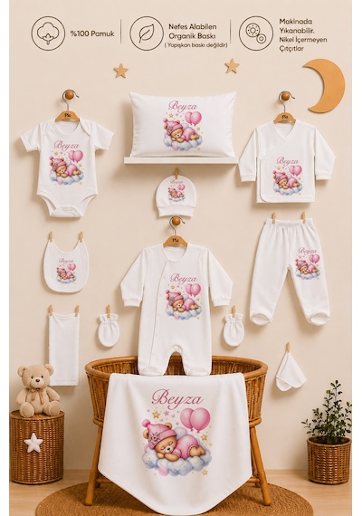 Pia Baby Kız Bebek Hastane Çıkışı 11 Parça %100 Pamuk Kişiye Özel İsimli Organik Baskılı Set 1032113x Ekru