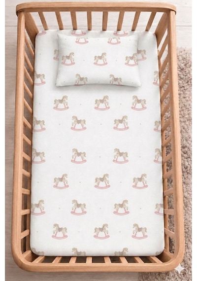 Pamuk Lastikli Bebek Çarşafı + Yastık Kılıfı Park Yatak 60x120 70x110 70x120 Uyumlu Pembe Atlı Karınca
