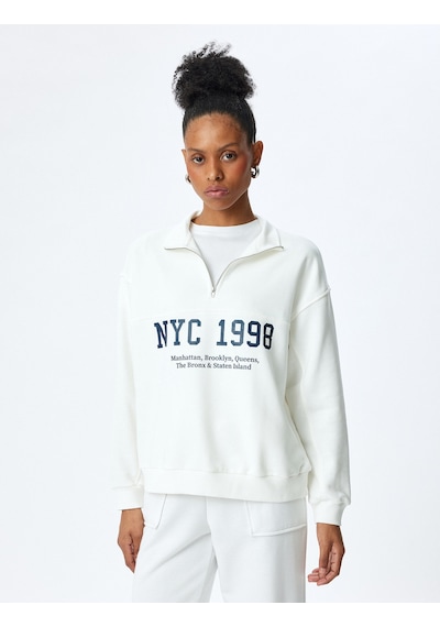 Koton Üç İplik Uzun Kollu Yarım Fermuarlı Dik Yaka Baskılı Sweatshirt Kırık Beyaz 5sak10124ek Ekru