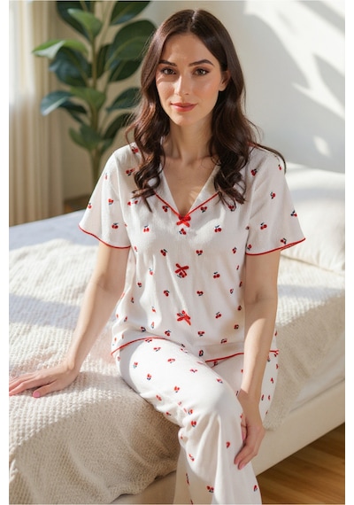 Bella Notte Pamuklu Kiraz Desenli V Yaka Pijama Takımı Kırmızı