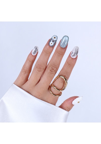 Takma Tırnak Mavi Nail Art Kısa Oval 10'lu Tekrar Kullanılabilir El Yapımı Protez Takma Tırnak M