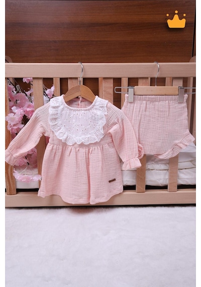 Babyhola Kız Bebek Çocuk Yazlık Elbise Müslin Önlüklü Şortlu Takım 22410 Somon