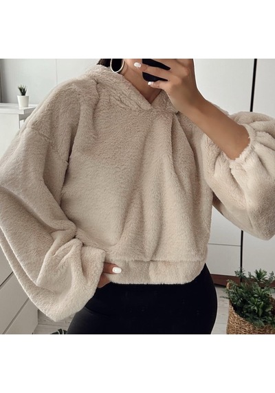 Mamayaga Kadın Crop Boy Yumuşacık Balon Uzun Kol Kapüşonlu Şık Kısa Sweatshirt Bej