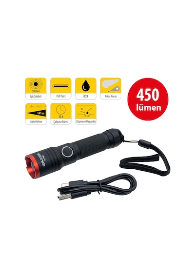 Ceta Form R.p5r Usb Şarjlı El Feneri Focus Özellikli 450 Lümen Siyah