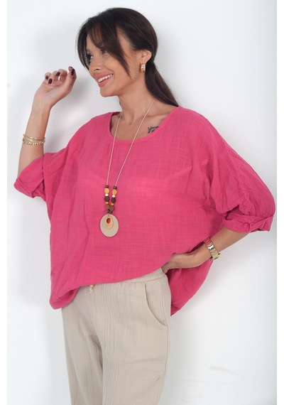 By Saygı Kadın İtalyan Coton Oversize Bluz Koyu Pembe