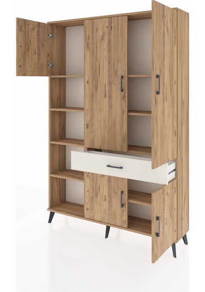 Arges Dolap 8 Raflı Tek Çekmeceli 5 Kapaklı 132x30x195 Çam-ça... Çam