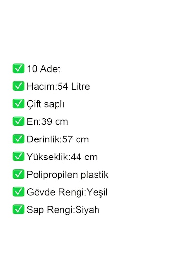 4 Tekerlek Plastik Alışveriş El Sepeti 54 Litre Yeşil 10 Adet / En:42 Boy:54 Yükseklik:44 Cm