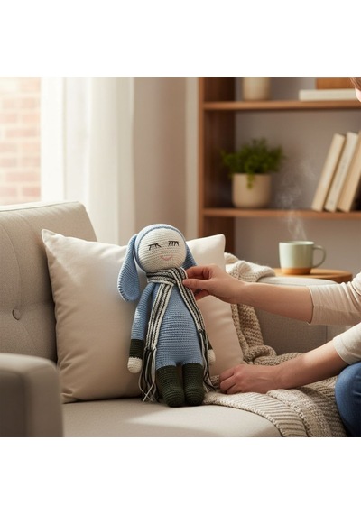 Uyuyan Oyuncak Tavşan El İşi %100 Pamuk Amigurumi Oyuncak Mavi