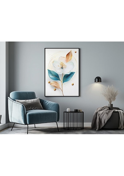Tablo Ahşap Çerçeveli Tablo Çerçeveli Poster Mavi Yapraklı Badem Çiçeği, Çiçek Temalı Tablo