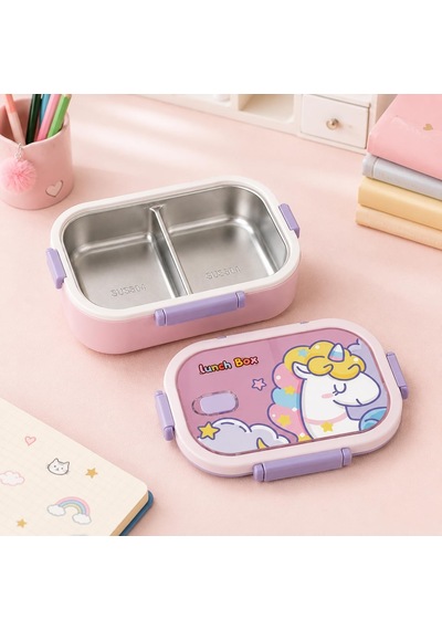 2 Bölmeli 304 Paslanmaz Çelik Çocuk Beslenme Kabı, Kilitli Lunch Box,pembe Çok Renkli