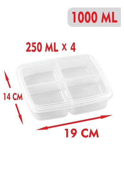 4 Bölmeli 1000 Ml Kahvaltılık Atıştırmalık Beslenme Diyet Kabı Buzdolabı Düzenleyici Organizer Füme - Şeffaf