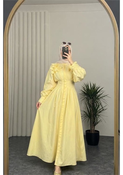 Neşeli Butik Kadın Sarı Belden Oturtmalı Çiçek Detaylı Premium Tesettür Elbise Nbvq4933