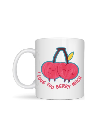 I Love You Berry Much Tasarımlı Kupa Model 12 Sevimli Kiraz Desenli Porselen Kahve Kupası -  F