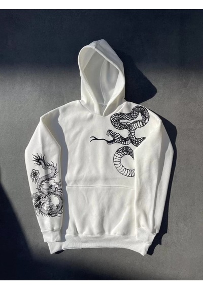 Assema Erkek Üç İplik Pamuklu Kapüşonlu Baskılı Sweatshirt - Beyaz Çok Renkli
