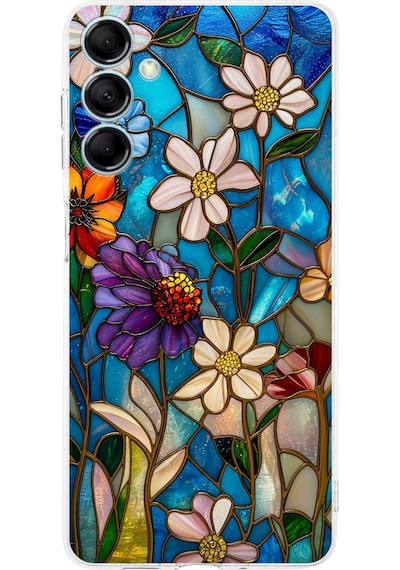 Printify Samsung Galaxy M15 İle Uyumlu Vitray Mavi Bahar Tasarımlı Şeffaf Silikon Kılıf Şeffaf