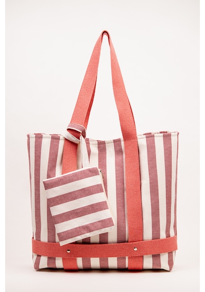 Fabric Craft Bag Plaj Çantası Çizgili Keten Büyük Boy Omuz Çantası 50x40 Cm Çıkarılabilir Cüzdanlı Gülkurusu - Beyaz
