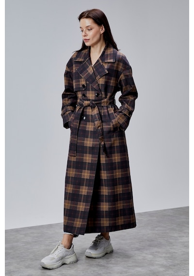 Elora Lacivert Ekose Detaylı Premium Oversize Trençkot 46650 Lacivert-haki
