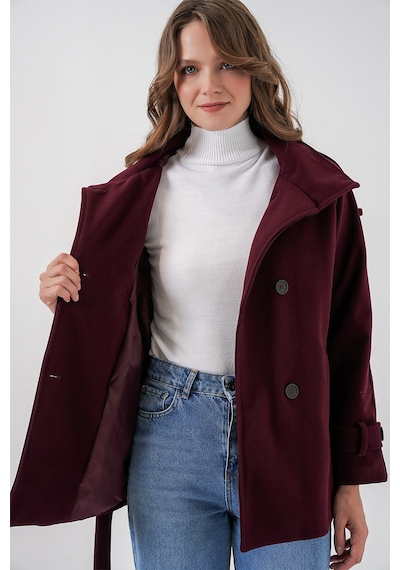 Bigdart Kadın Kuşaklı Kaşe Kaban 9162 - Bordo