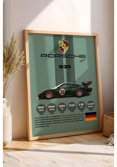Porsche 935 Premium Yarış Arabası Çerçeveli Tablo - Teknik Özellikli Legend Series Duvar Dekoru Kayın