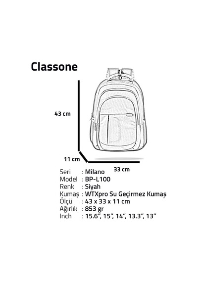 Classone Bp L100 Milano Serisi Large Sırt Çantası, Siyah