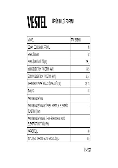 Vestel TRM 80 EKH 80 L Termosifon