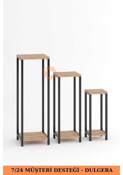 Flora Dekoratif 3'lü Metal Çiçeklik Saksı Standı & Yan Sehpa Seti - Modern Bahçe Balkon Çiçek Rafı - Çam