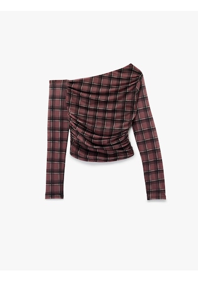 Koton Asimetrik Yaka Uzun Kollu Drape Detaylı Ekose Tişört Bordo Ekose 6wal10437ık