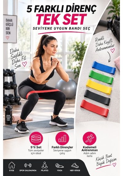 5'li Egzersiz Direnç Bandı Seti Pilates Fitness Yoga Spor Lastiği Evde Antrenman & Egzersiz Ekipmanı Çok Renkli