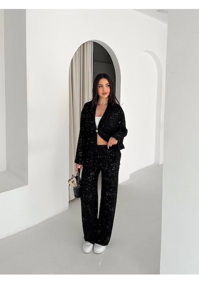 Kadın Simli Uzun Kol Modal Kumaş Kimono Pantolon İkili Takım Şık Ve Rahat Kadın Takım Lacivert Kadın Simli Uzun Kol Modal Kumaş Kimono Pantolon İkili Takım Şık Ve Rahat Kadın Takım Lacivert