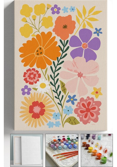 Sayılarla Boyama Seti Numaralı Tuval Fırça Boya Askı Aparatı Dahil Set 40x50 Cm - Bohem Çiçekler