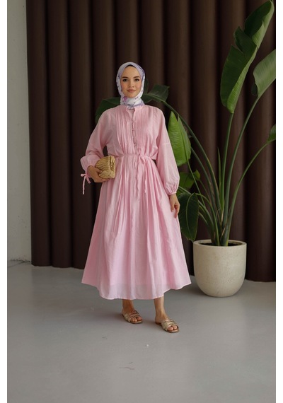Moonsc Kadın Regular Fit Nervürlü Pamuklu Astarlı Keten Pembe Tesettür Elbise