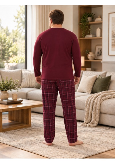 Seboteks İnterlok Kumaş Yakası Düğmeli Uzun Kollu Büyük Beden Erkek Pijama Takımı 8589 Bordo