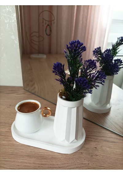 Mini Düz Desenli Beton Saksı Tekli Ve Oval Tabak - Yapay Çiçek Hediyeli - Mor Tomurcuk