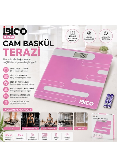 Go İthalat Dijital - Pilli Renkli Cam Banyo Baskül Terazi Tartı Lcd Ekran 180kg/50gr 26x26cm İ11-024